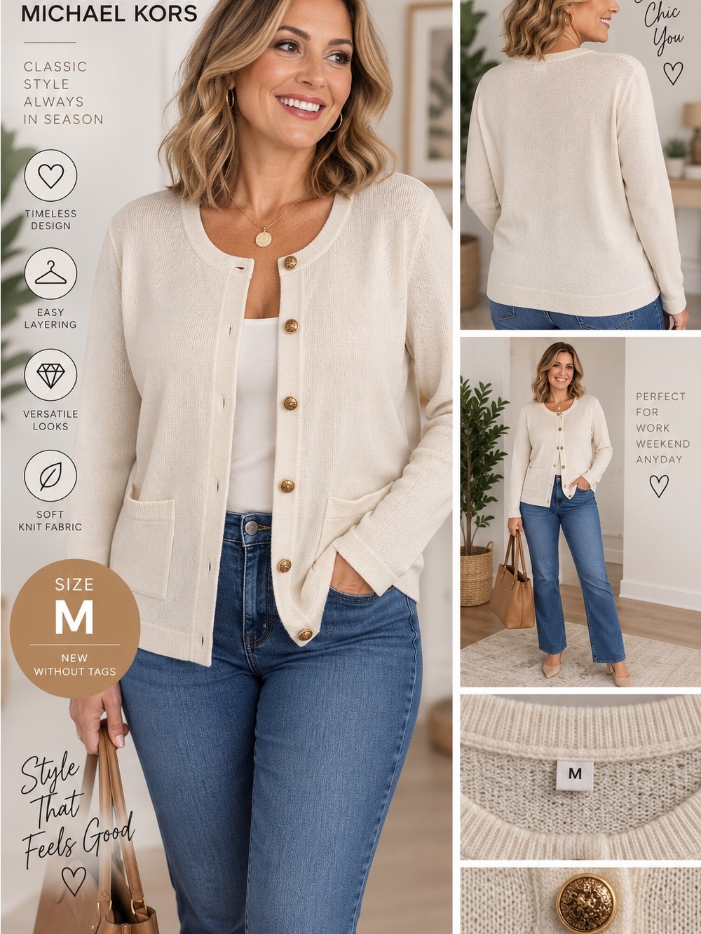 Cream Button Front Knit Cardigan Size M NWOT